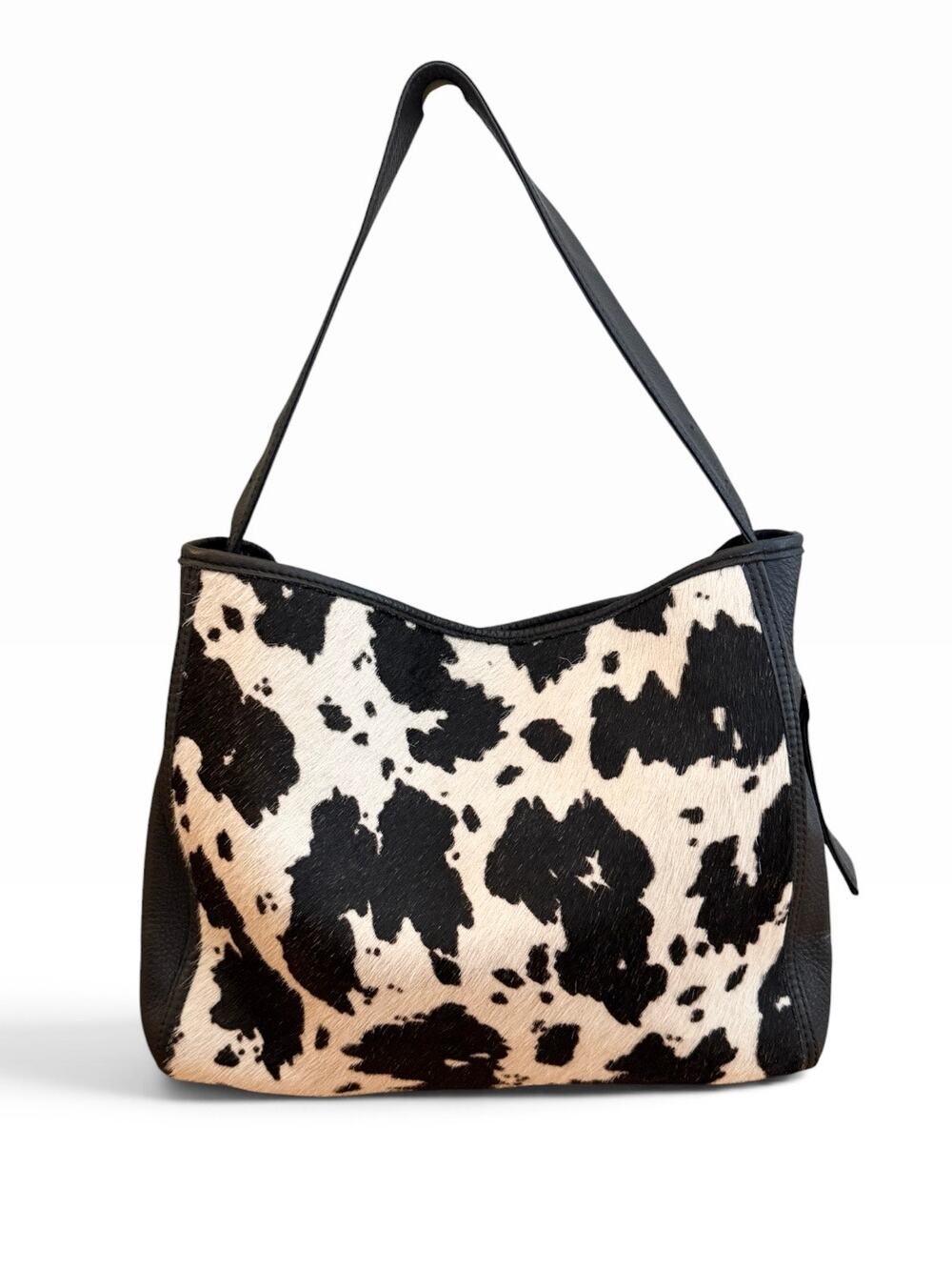 HOBO International Render Cow Print Haircalf Leather Shoulder Bag Black Brown